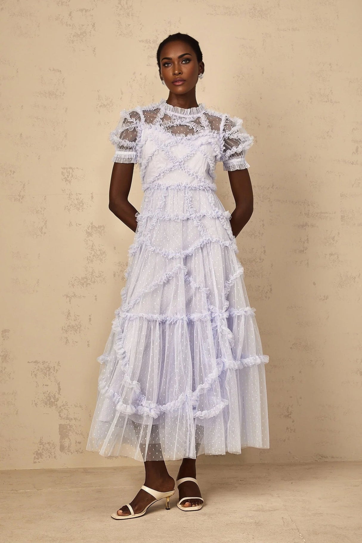 Nadia Maxi Dress Blue Polka Dot Tiered Ruffle Tulle Sheer