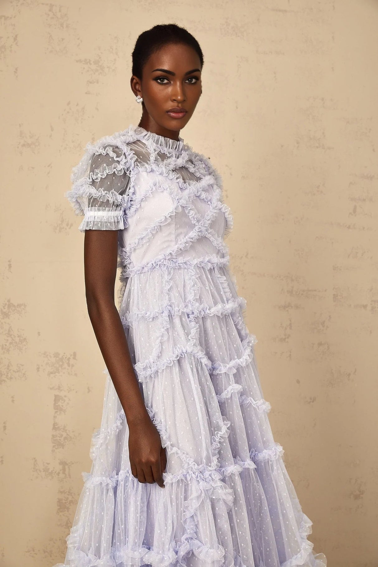 Nadia Maxi Dress Blue Polka Dot Tiered Ruffle Tulle Sheer