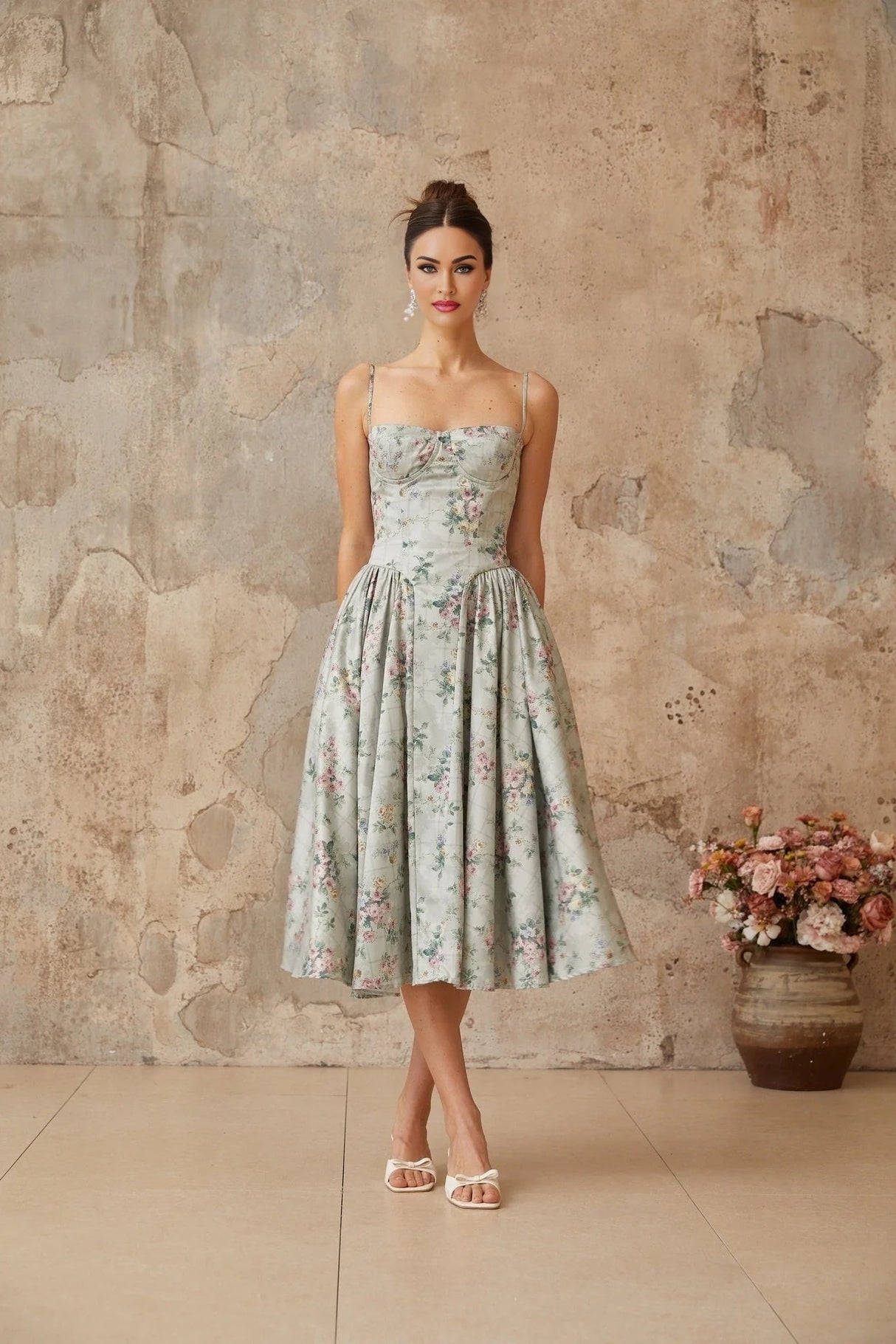 Nadia Midi Dress Green Floral Print Calf - Length & Boned Bodice