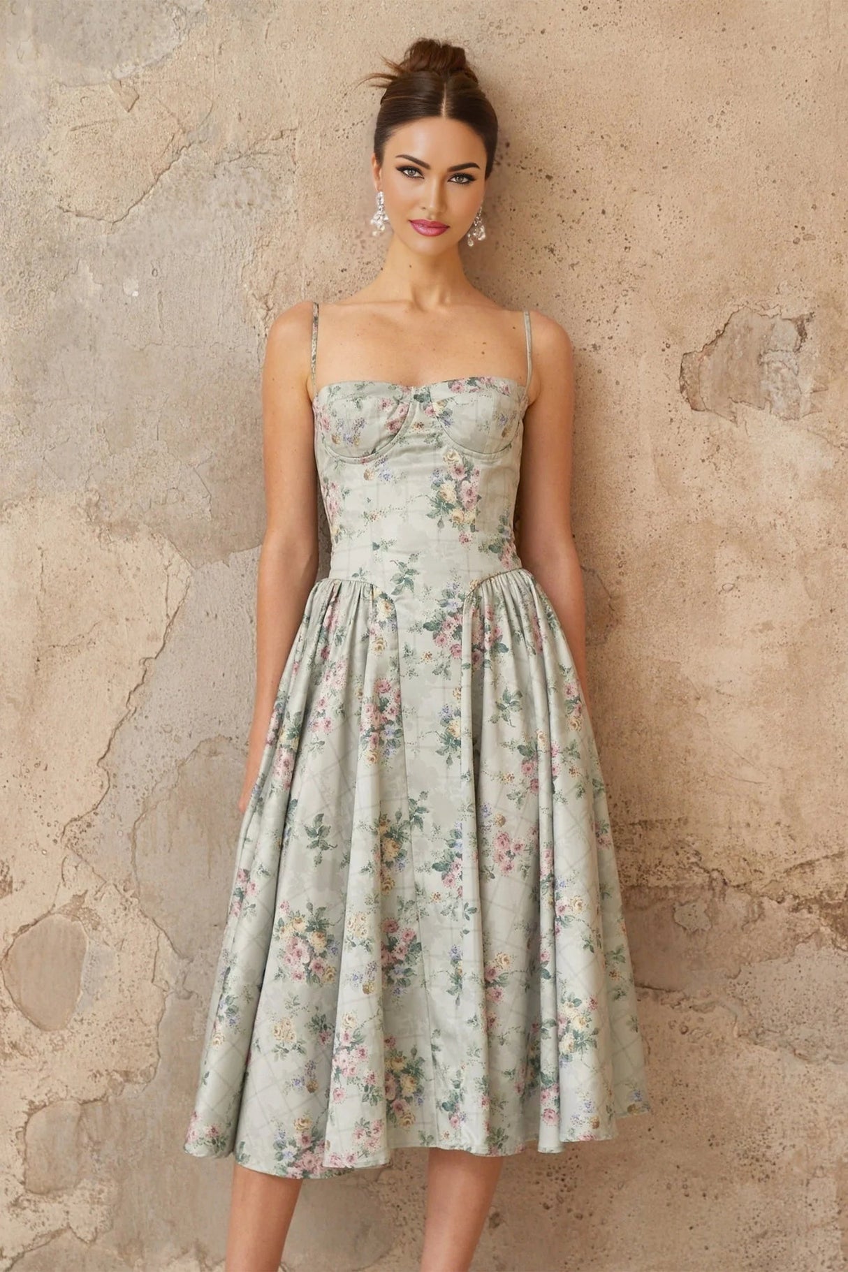Nadia Midi Dress Green Floral Print Calf - Length & Boned Bodice