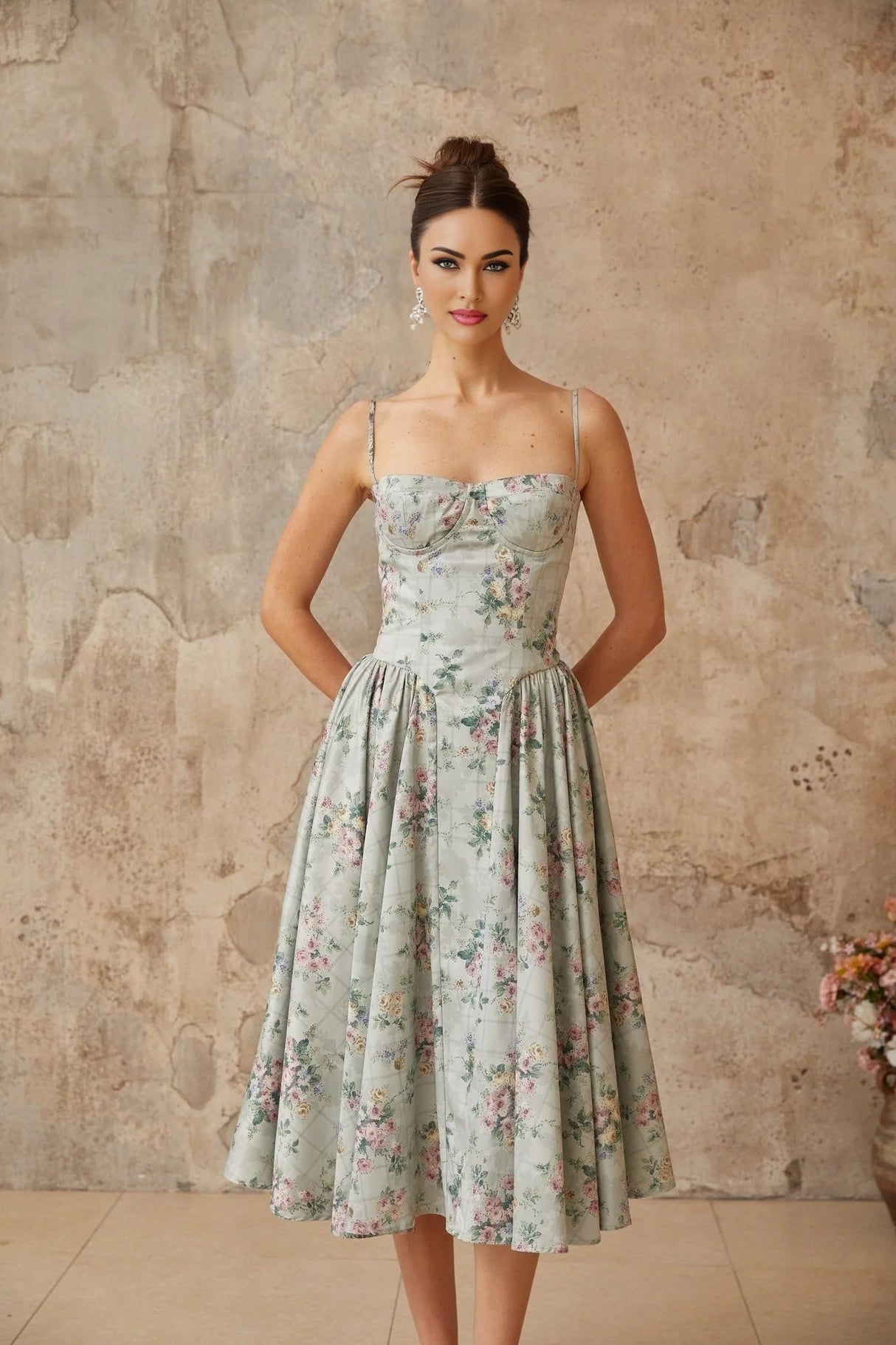 Nadia Midi Dress Green Floral Print Calf - Length & Boned Bodice