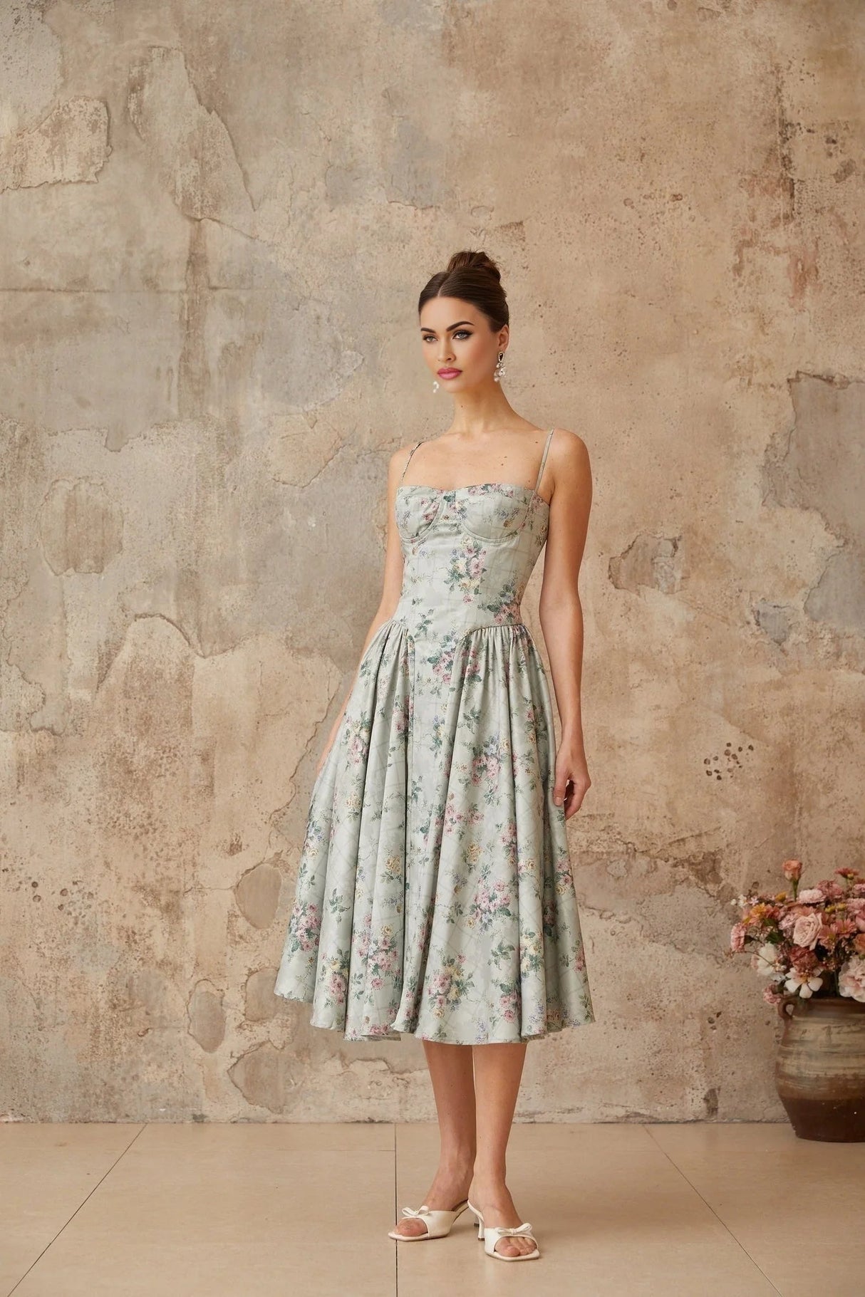 Nadia Midi Dress Green Floral Print Calf - Length & Boned Bodice
