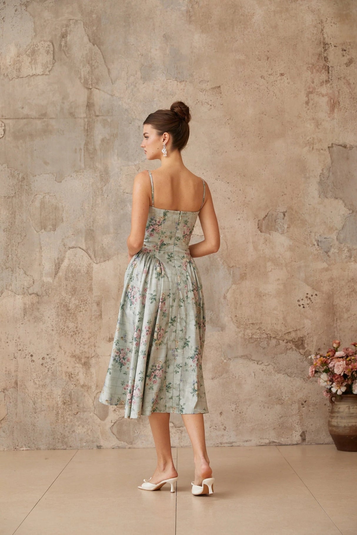 Nadia Midi Dress Green Floral Print Calf - Length & Boned Bodice