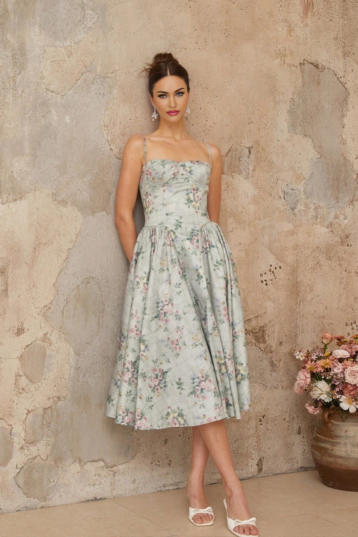 Nadia Midi Dress Green Floral Print Calf - Length & Boned Bodice