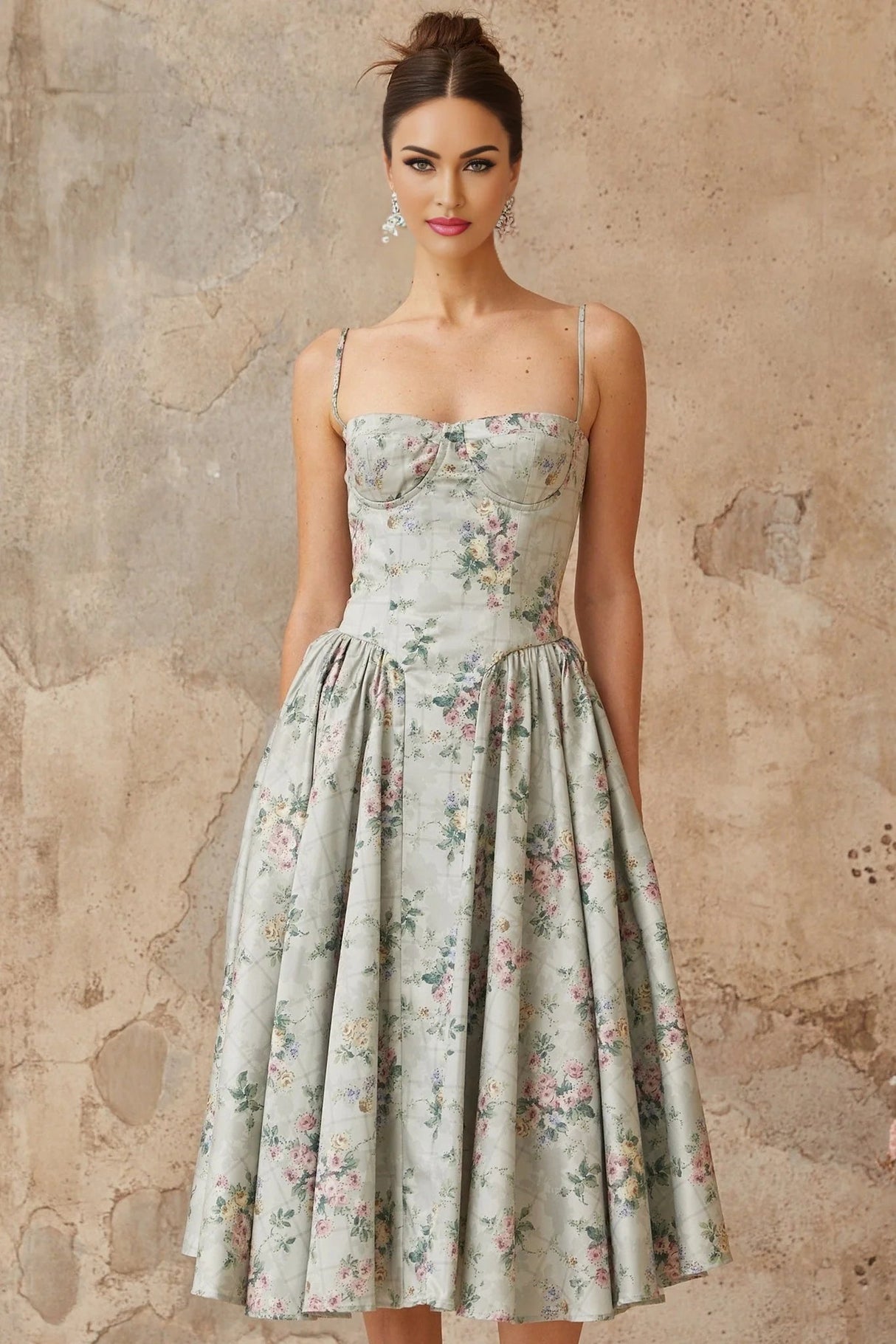 Nadia Midi Dress Green Floral Print Calf - Length & Boned Bodice