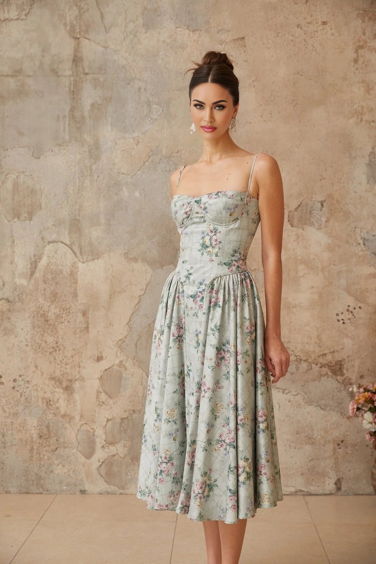 Nadia Midi Dress Green Floral Print Calf - Length & Boned Bodice