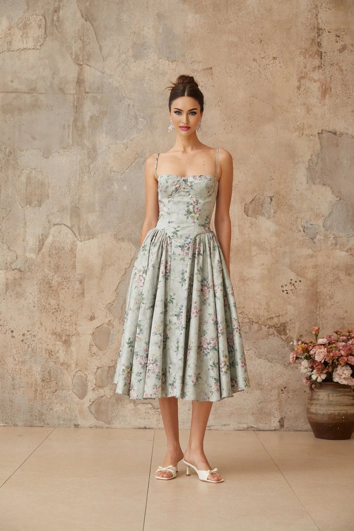 Nadia Midi Dress Green Floral Print Calf - Length & Boned Bodice