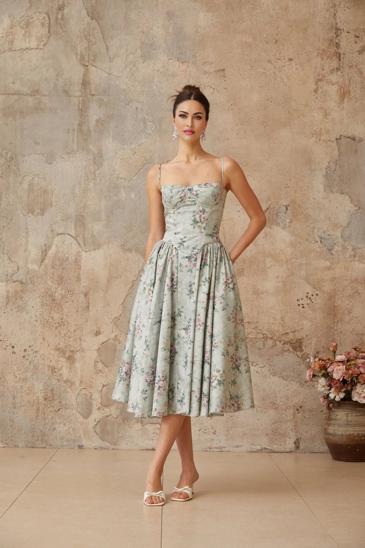 Nadia Midi Dress Green Floral Print Calf - Length & Boned Bodice