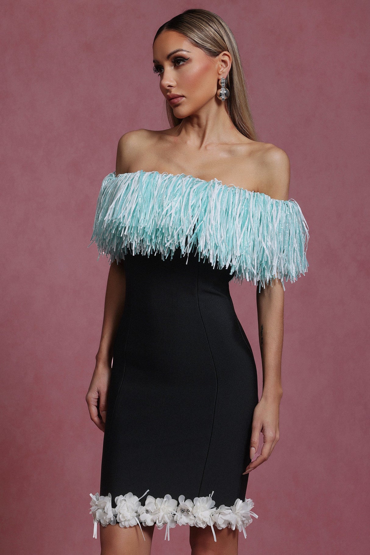 Naomi Black Off-Shoulder Tassel Detail Mini Dress with Floral Embellishments