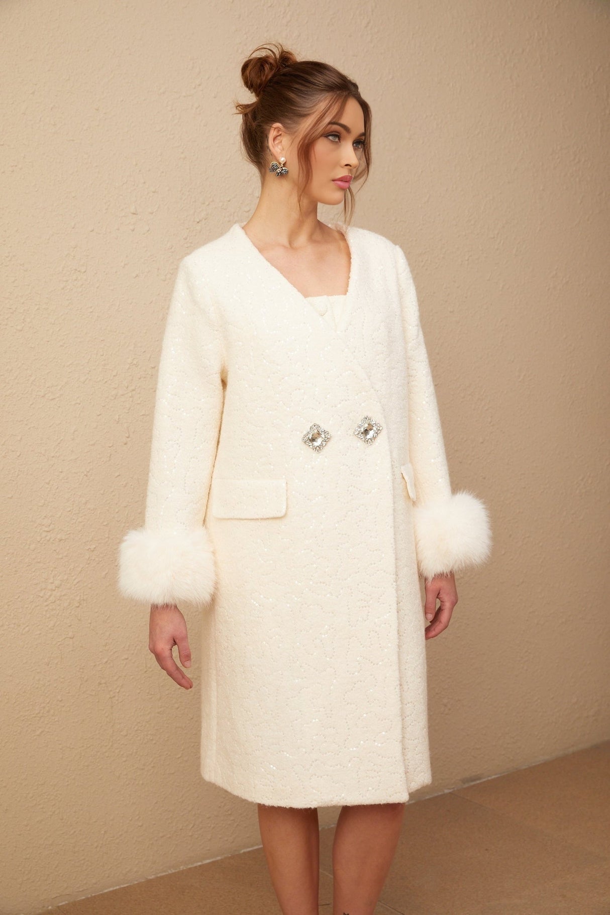 Naomi Coat White Textured Fur Crystal Button Detail