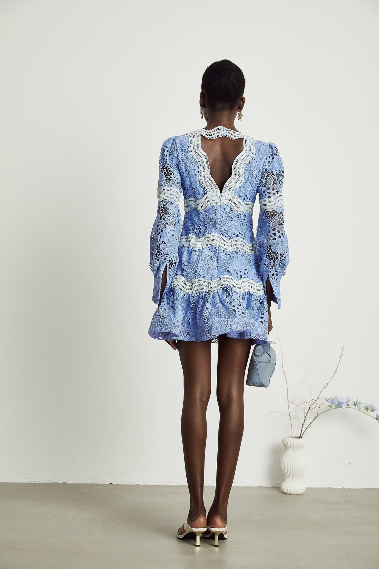 Naomi Floral Midi Dress with VNeck OpenBack & Lace Trim in Striking Blue