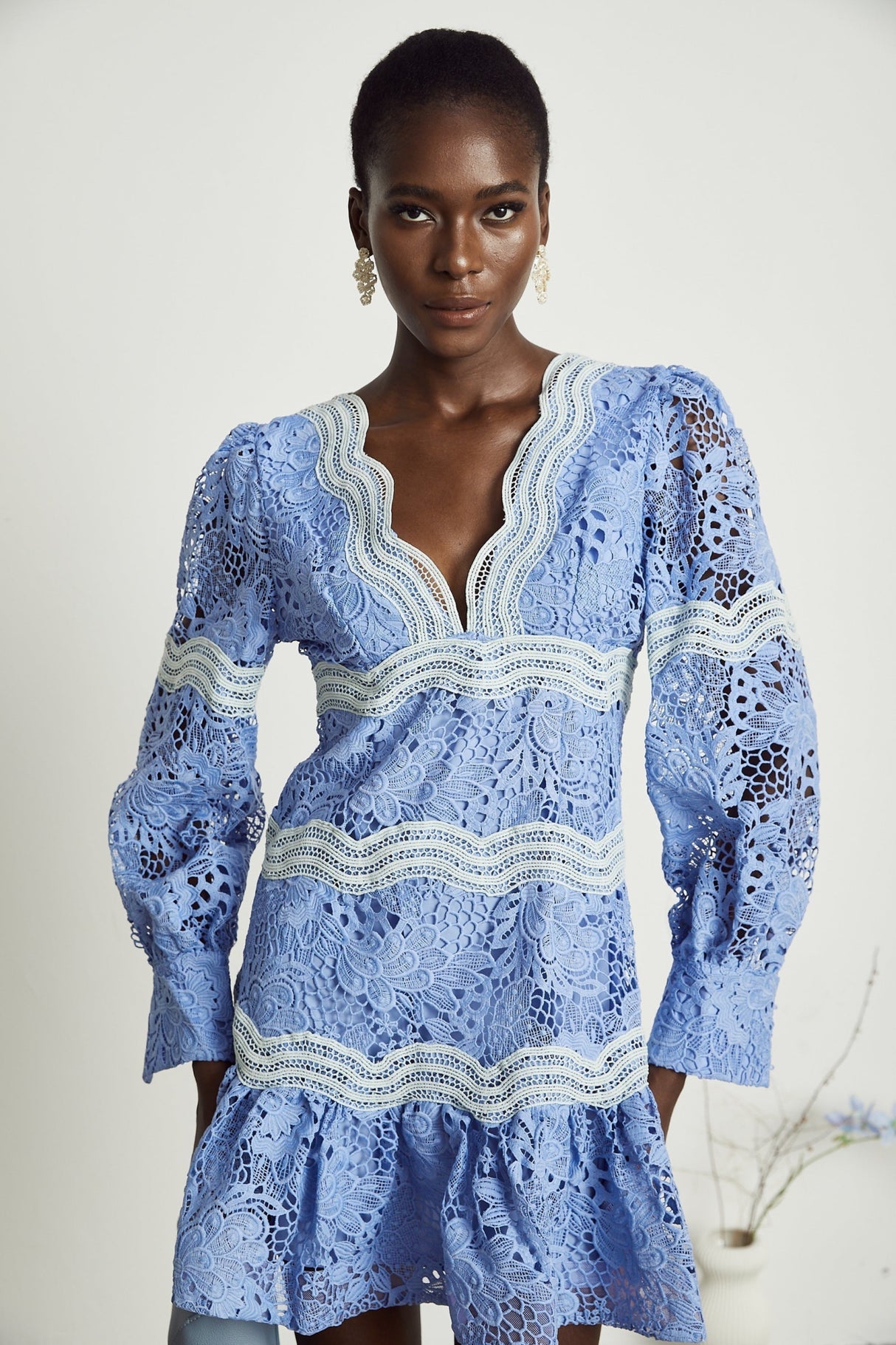 Naomi Floral Midi Dress with VNeck OpenBack & Lace Trim in Striking Blue