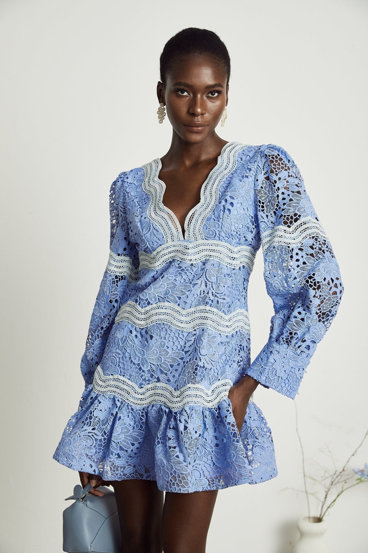 Naomi Floral Midi Dress with VNeck OpenBack & Lace Trim in Striking Blue