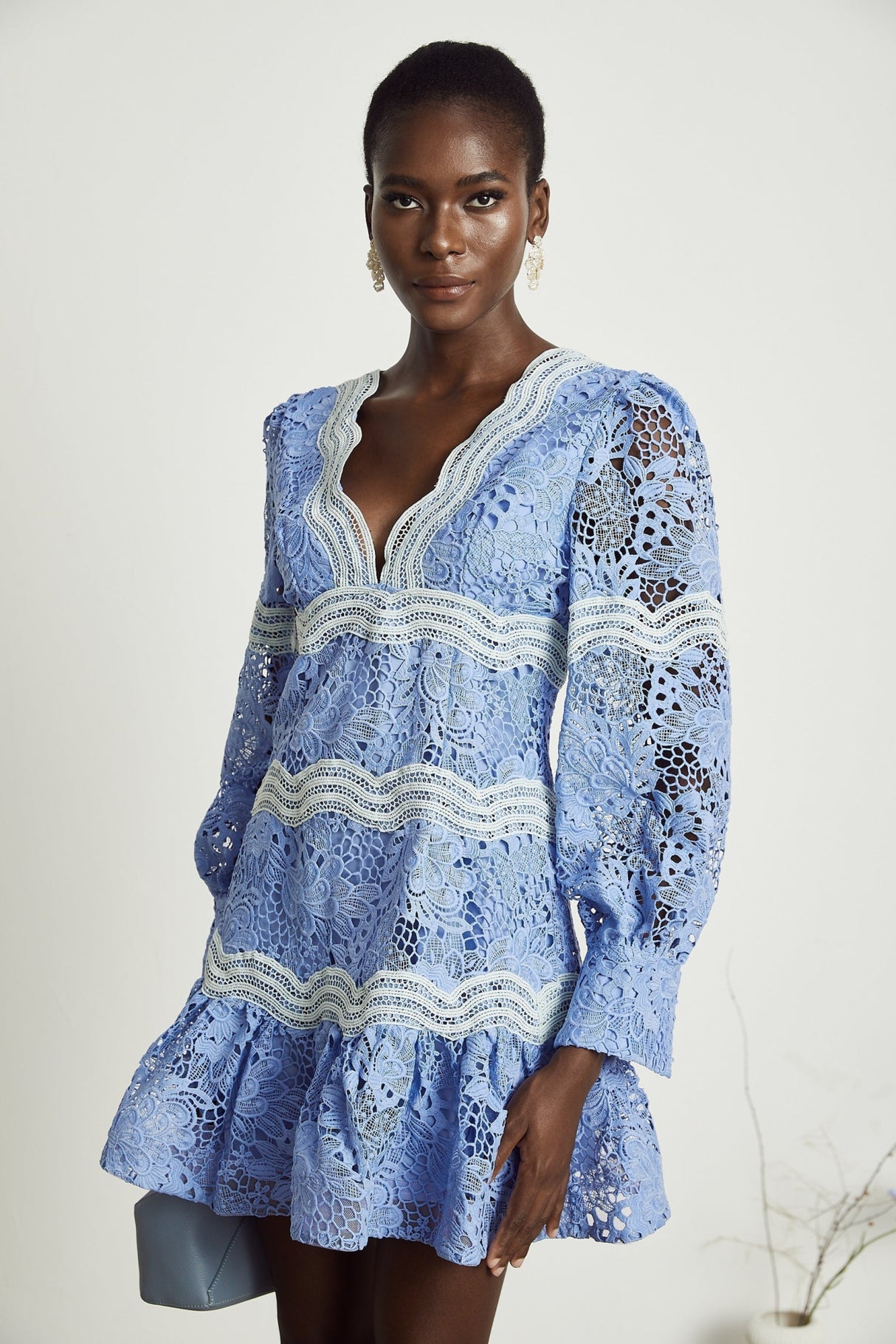 Naomi Floral Midi Dress with VNeck OpenBack & Lace Trim in Striking Blue