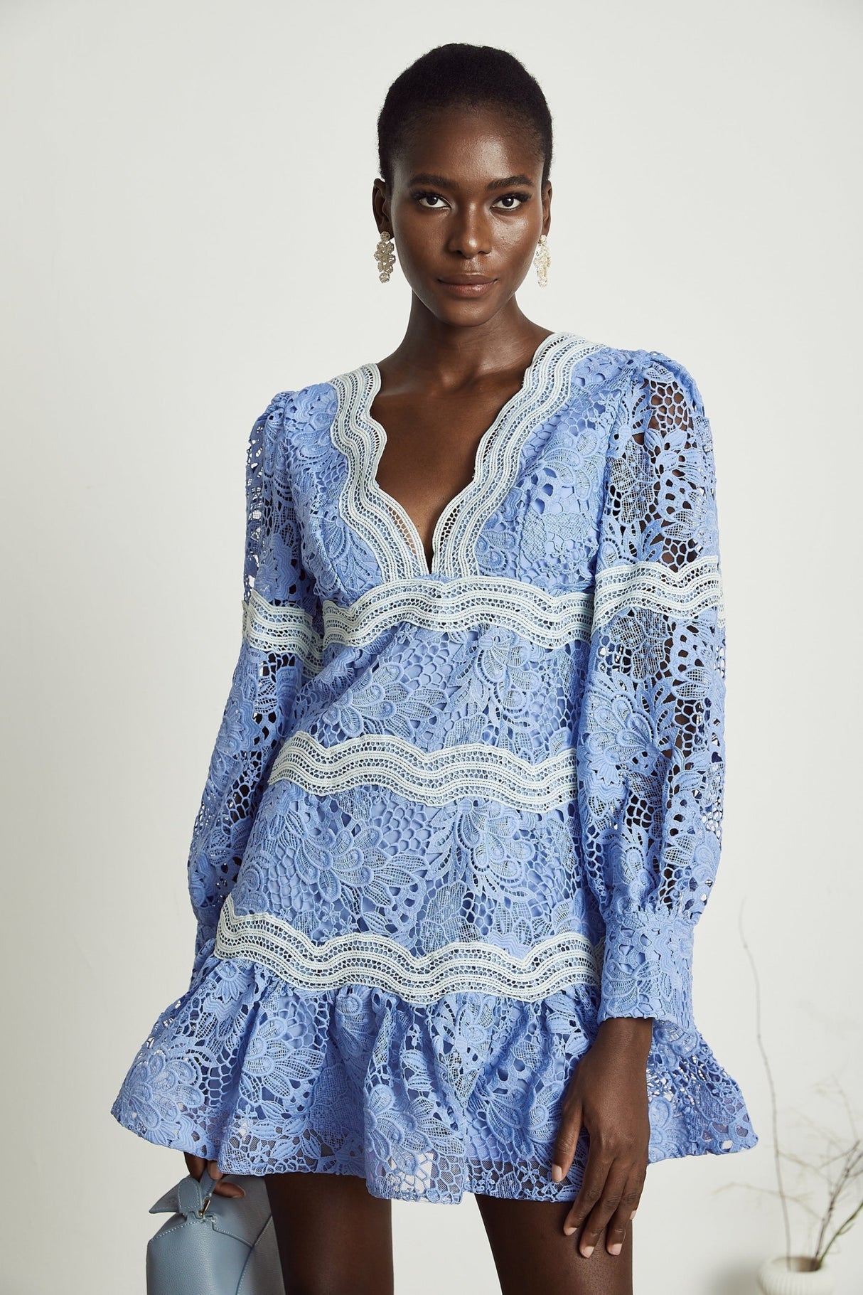 Naomi Floral Midi Dress with VNeck OpenBack & Lace Trim in Striking Blue