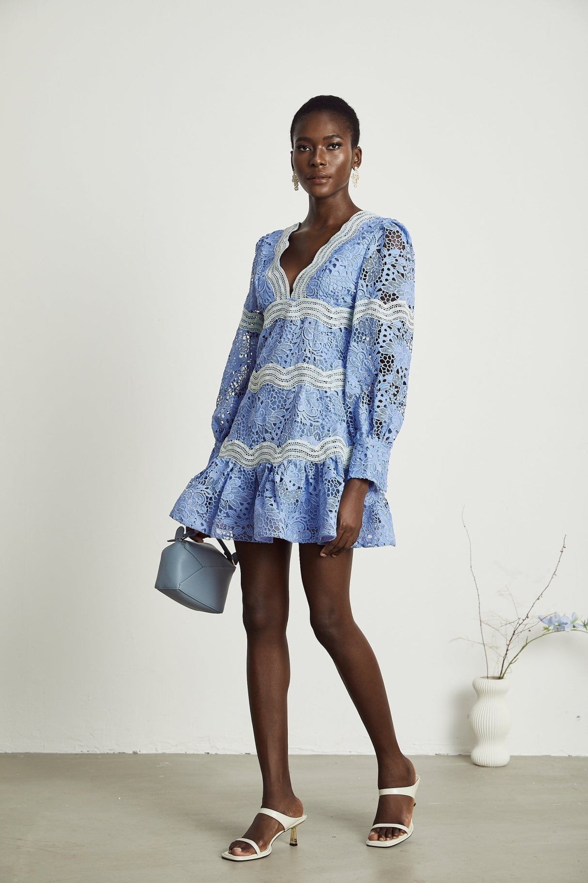 Naomi Floral Midi Dress with VNeck OpenBack & Lace Trim in Striking Blue