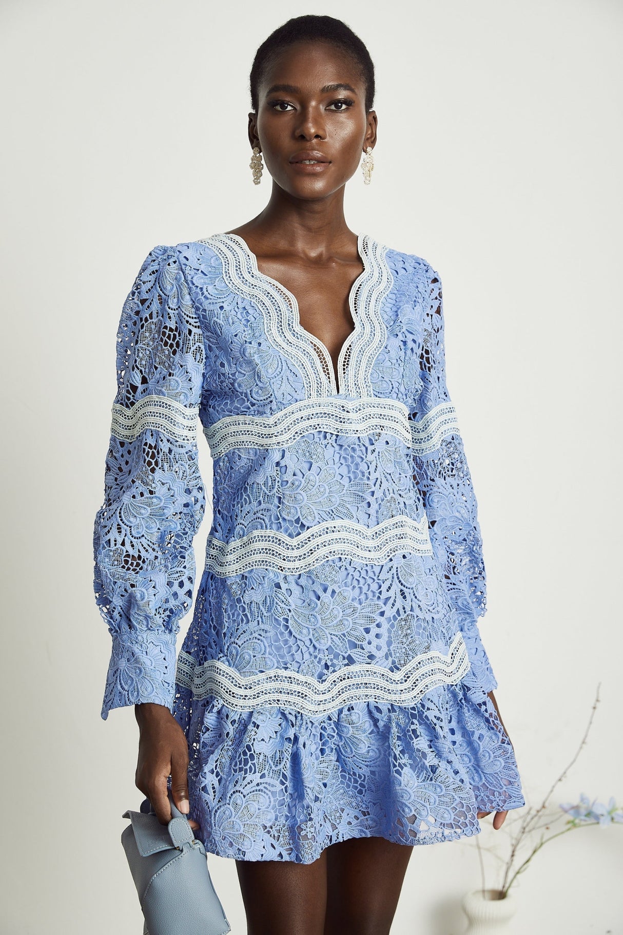 Naomi Floral Midi Dress with VNeck OpenBack & Lace Trim in Striking Blue