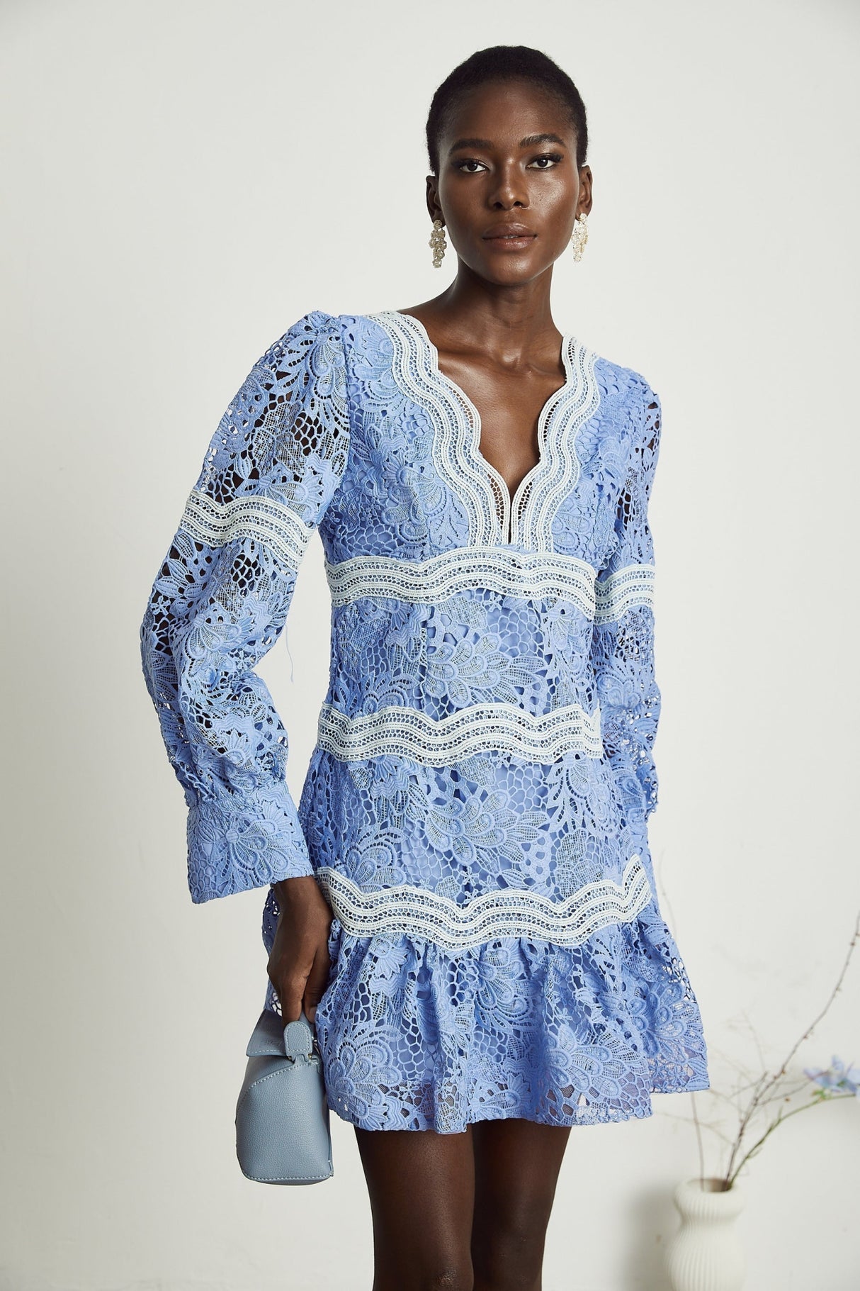 Naomi Floral Midi Dress with VNeck OpenBack & Lace Trim in Striking Blue