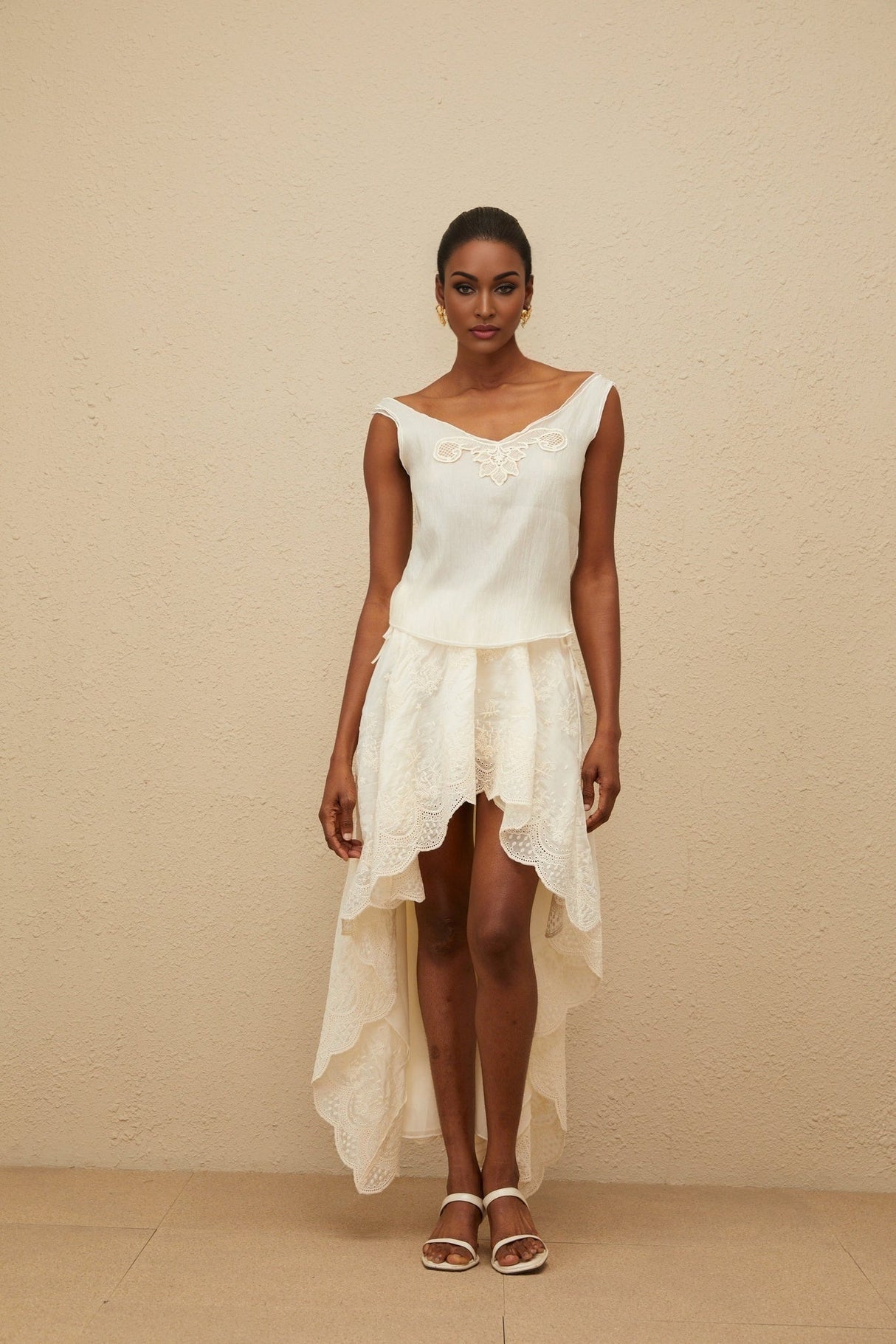 Naomi Top & Skirt - Sleeveless - Lace Trim - Rear Tie Fastening - High Rise - Scallop Hem - Asymmetrical Design - Maxi Length