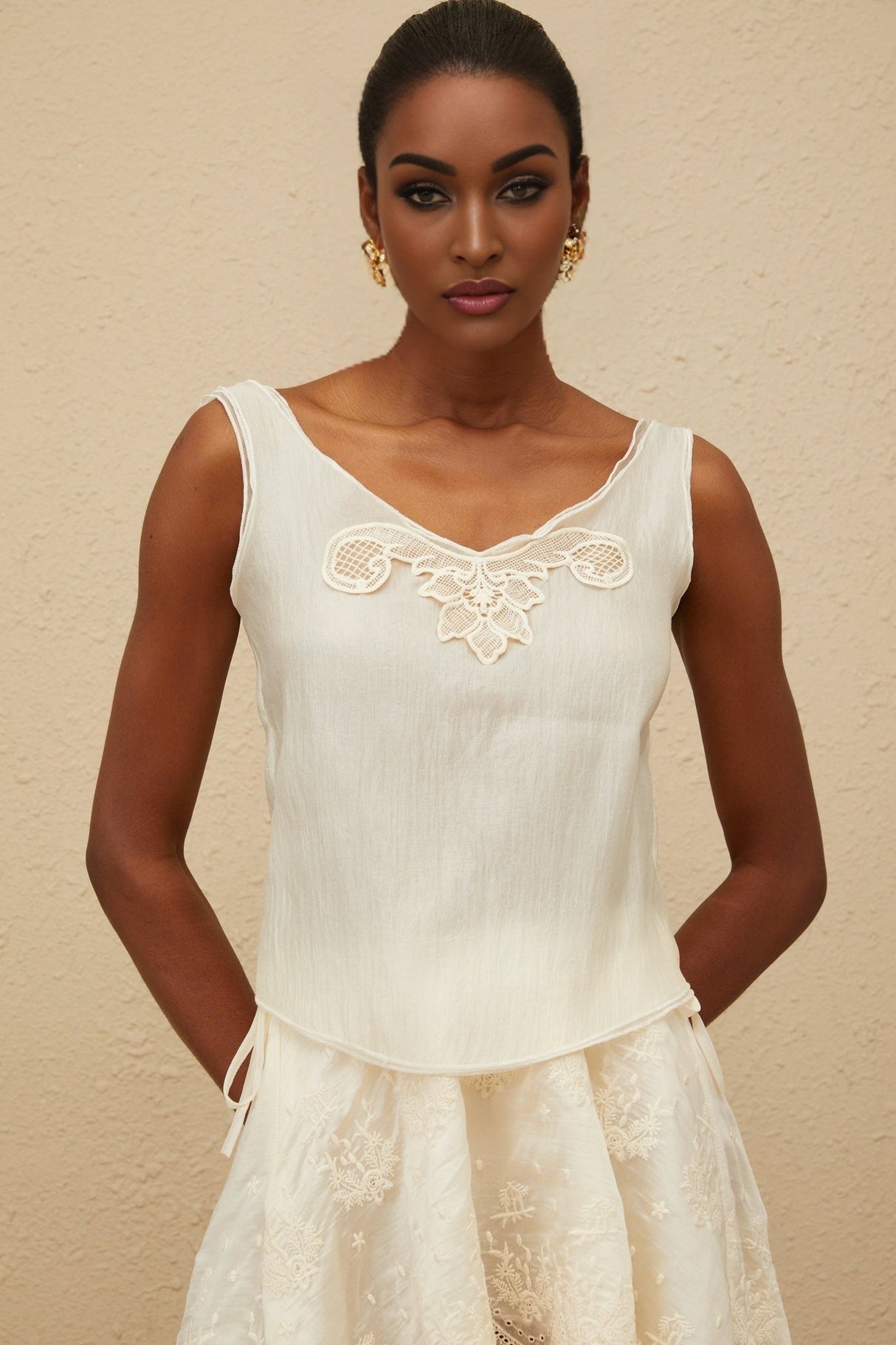 Naomi Top & Skirt - Sleeveless - Lace Trim - Rear Tie Fastening - High Rise - Scallop Hem - Asymmetrical Design - Maxi Length