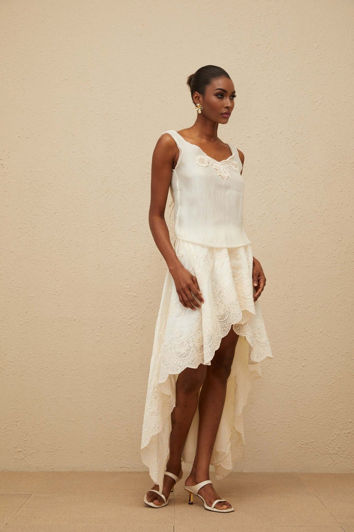 Naomi Top & Skirt - Sleeveless - Lace Trim - Rear Tie Fastening - High Rise - Scallop Hem - Asymmetrical Design - Maxi Length