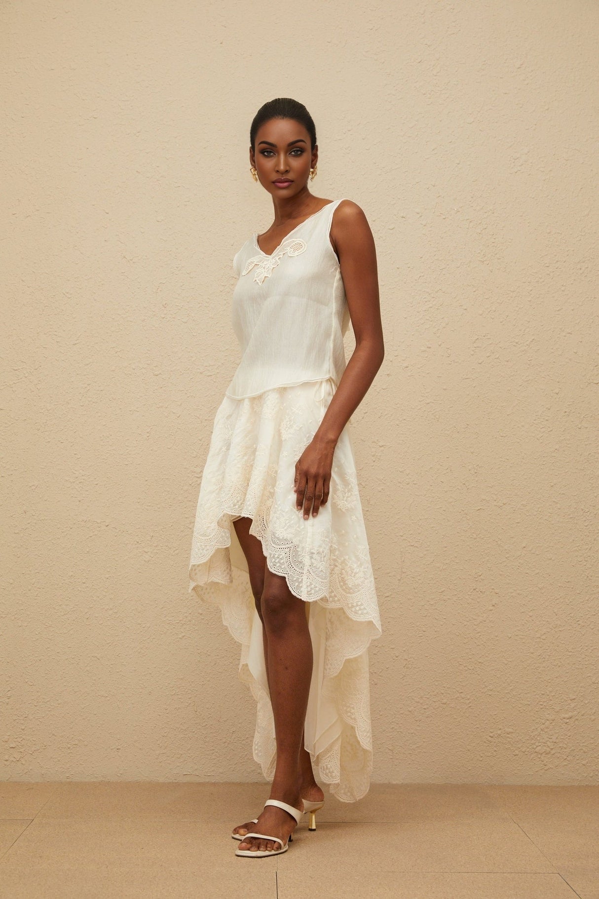 Naomi Top & Skirt - Sleeveless - Lace Trim - Rear Tie Fastening - High Rise - Scallop Hem - Asymmetrical Design - Maxi Length