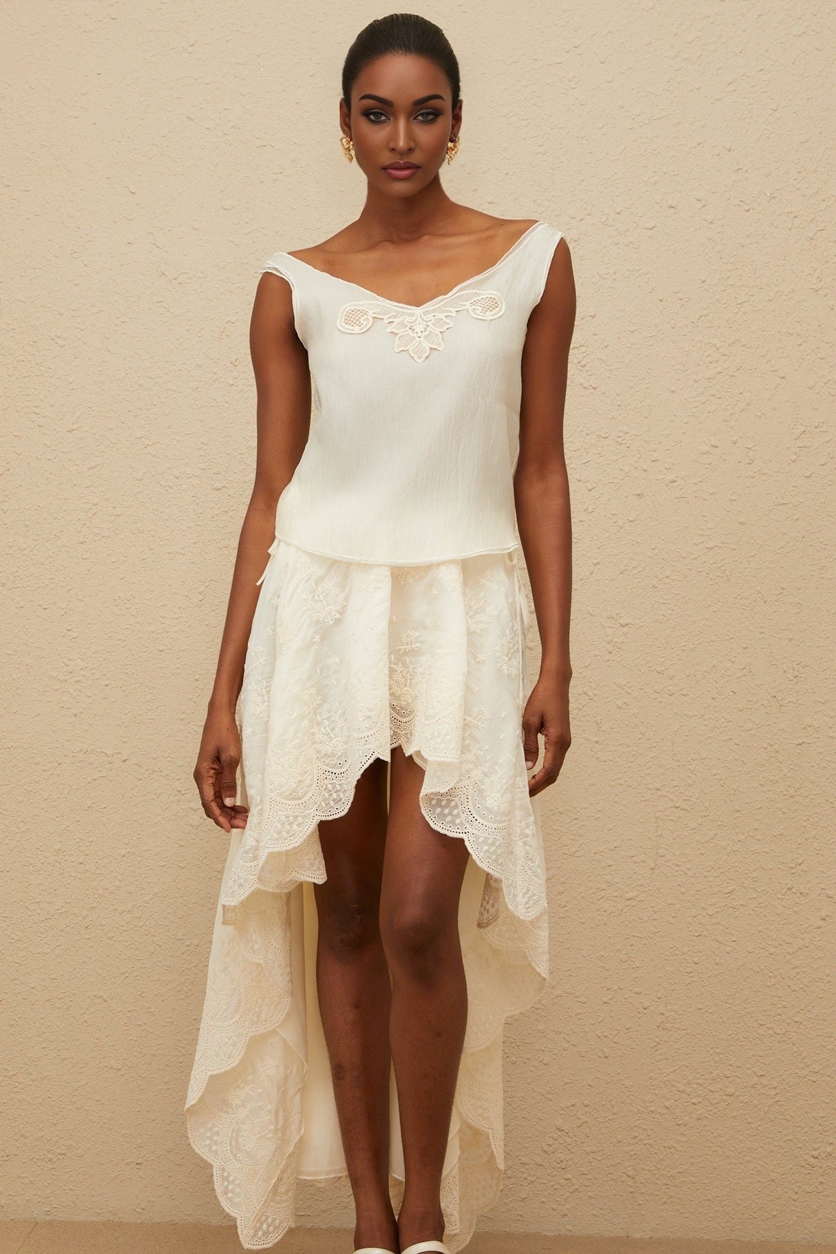 Naomi Top & Skirt - Sleeveless - Lace Trim - Rear Tie Fastening - High Rise - Scallop Hem - Asymmetrical Design - Maxi Length