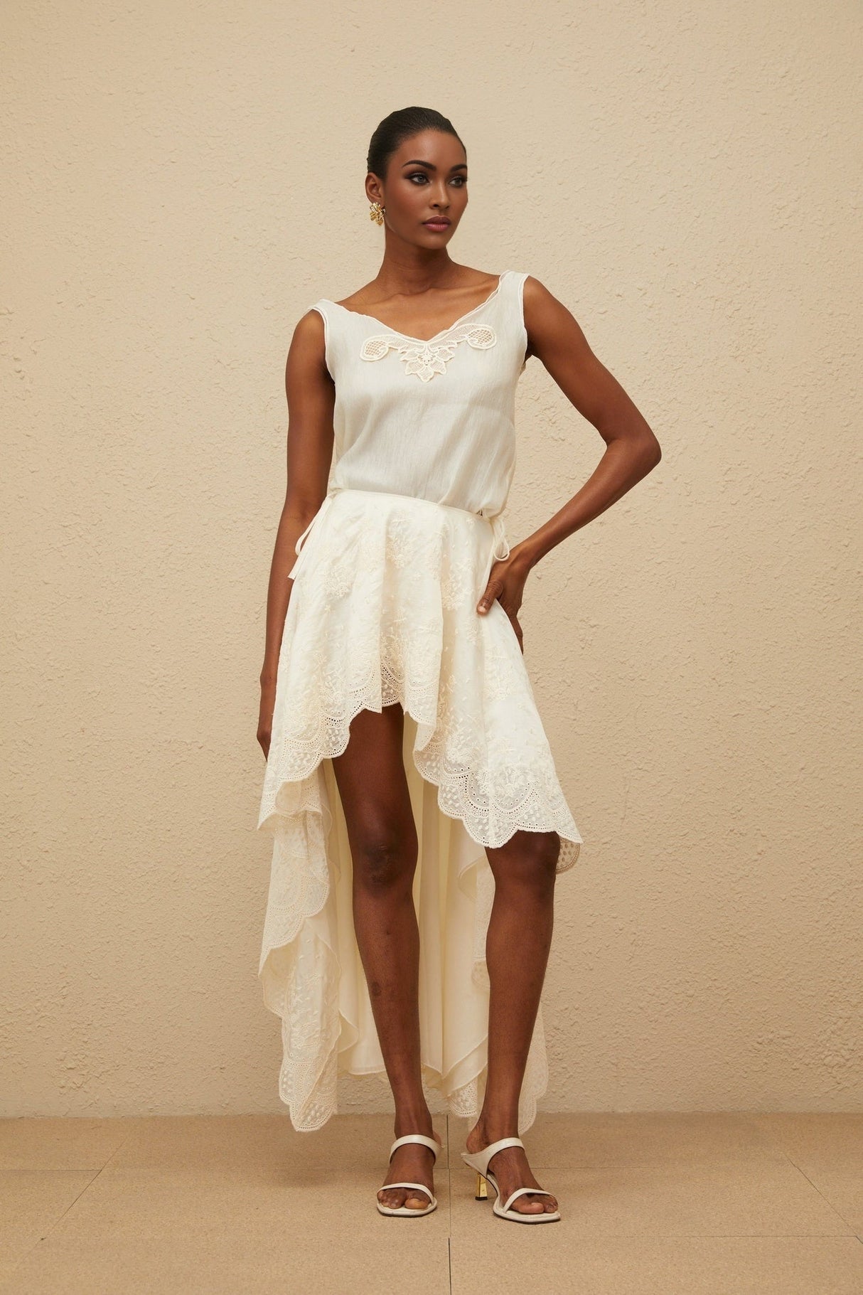 Naomi Top & Skirt - Sleeveless - Lace Trim - Rear Tie Fastening - High Rise - Scallop Hem - Asymmetrical Design - Maxi Length