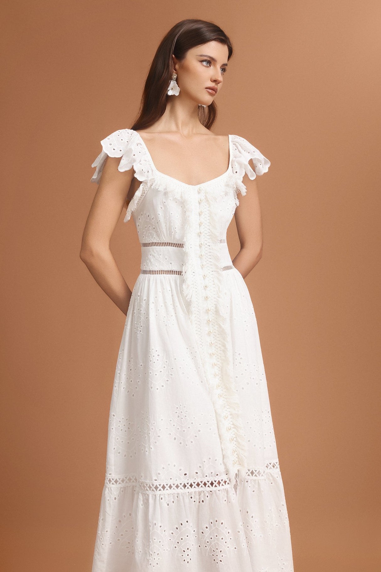 Naomi White Maxi Dress with Sweetheart Neckline and Ruffled Sleeves