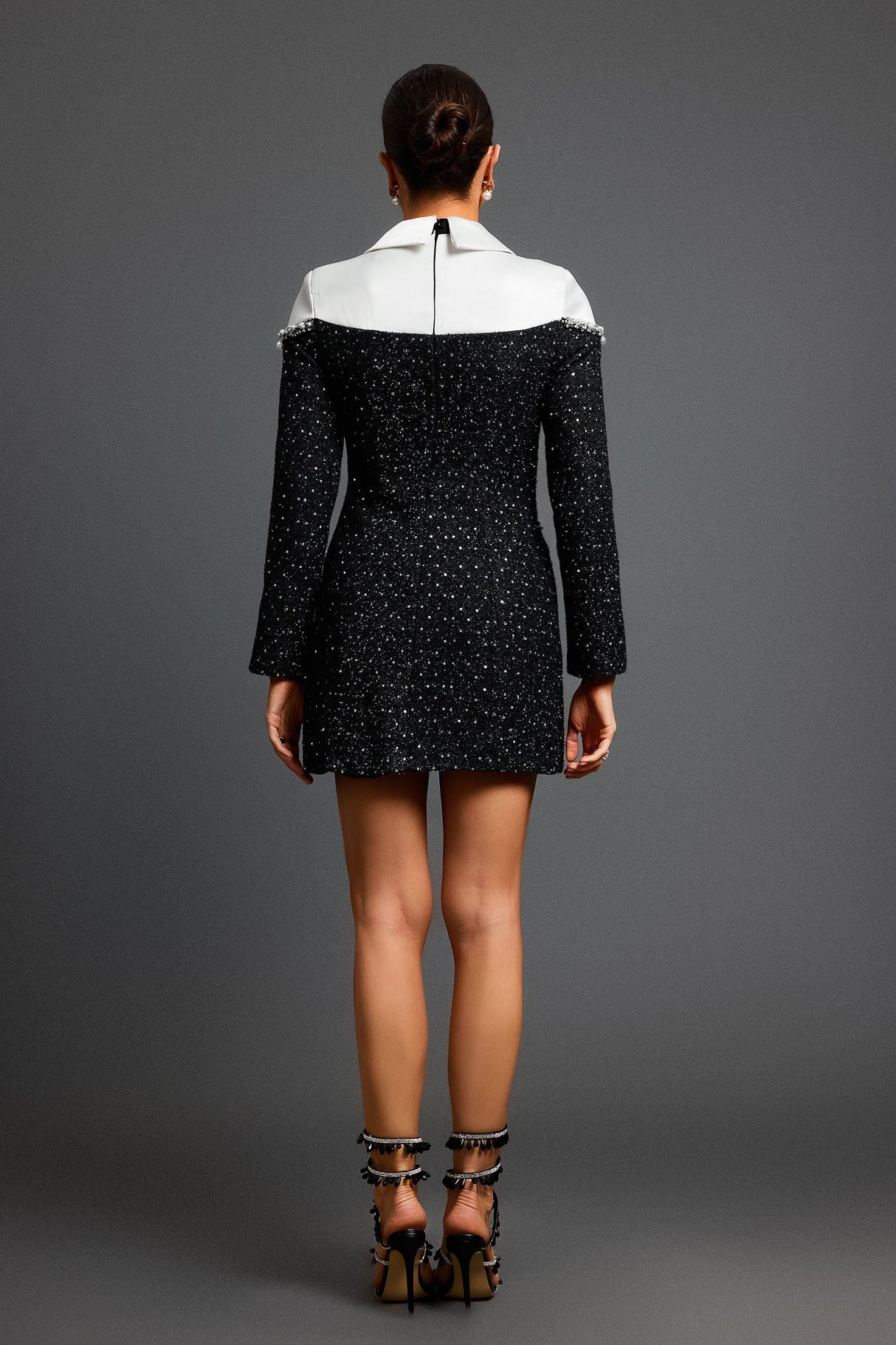 Natalia Black Sequin Beaded Mini Dress with White Collar