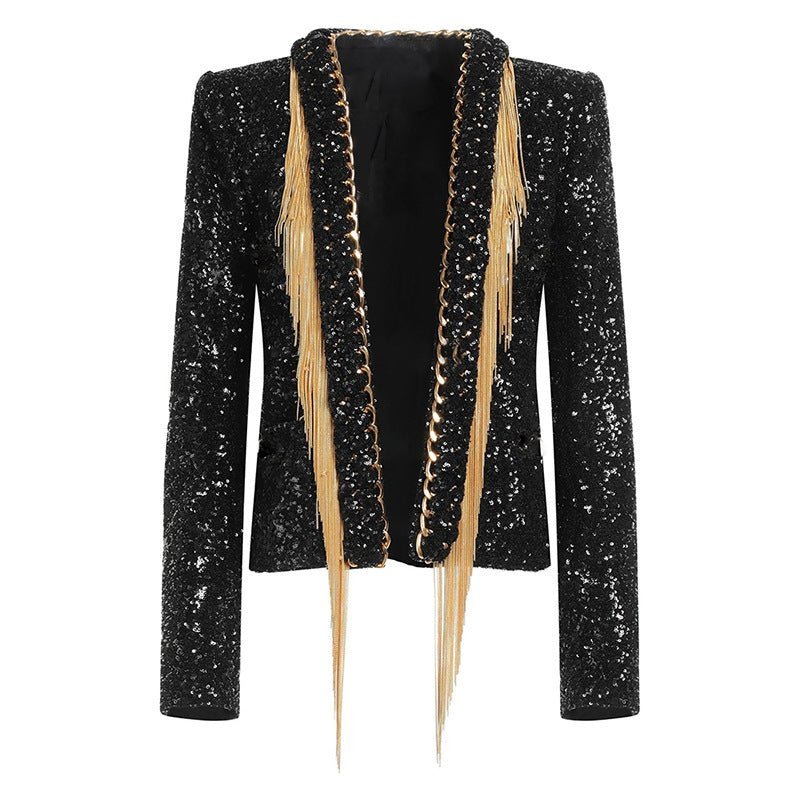 Natalie Blazer - Tailored Silhouette - Sequin Embellishments - Fringed Lapels - Slim Fit - Versatile Styling