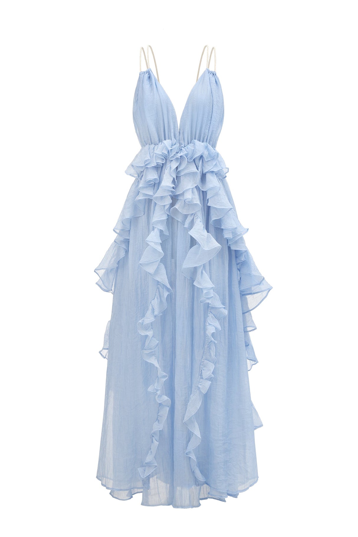 Natalie Blue Backless Ruffled Plunging Neckline Sleeveless Dress for Special Occasions