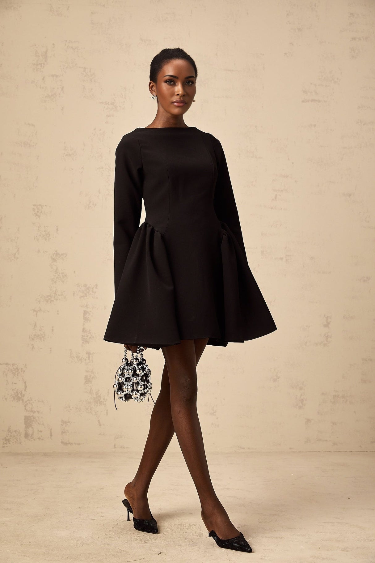 Natalie Long Sleeve Mini Dress with Flared Skirt & Ruched Detailing