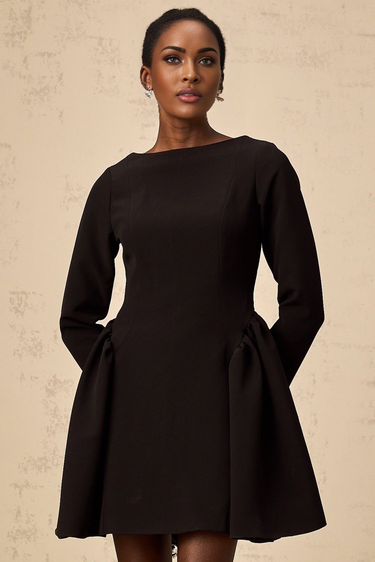 Natalie Long Sleeve Mini Dress with Flared Skirt & Ruched Detailing