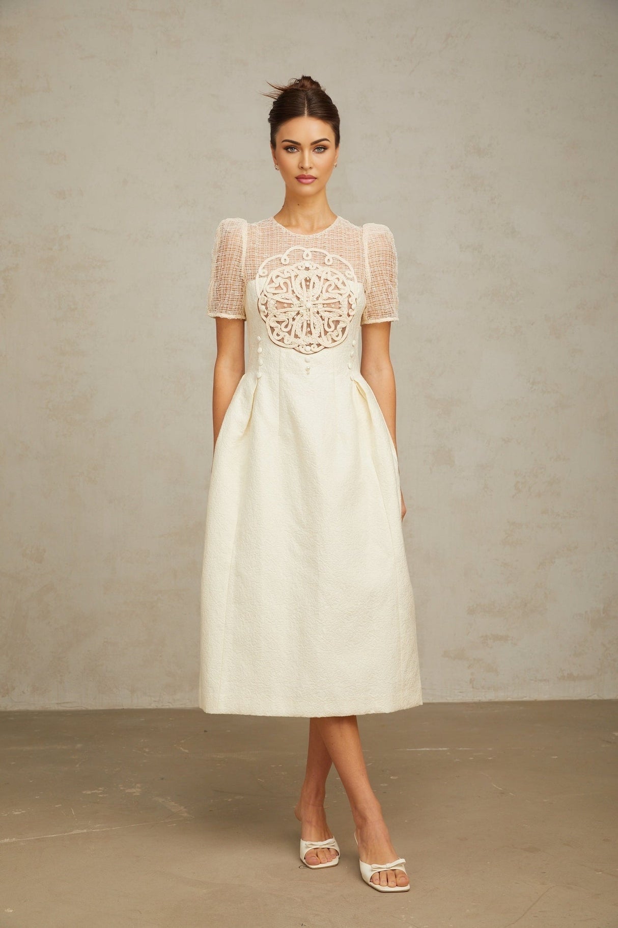 Natalie Midi Dress White Textured Panelled Braided Bead