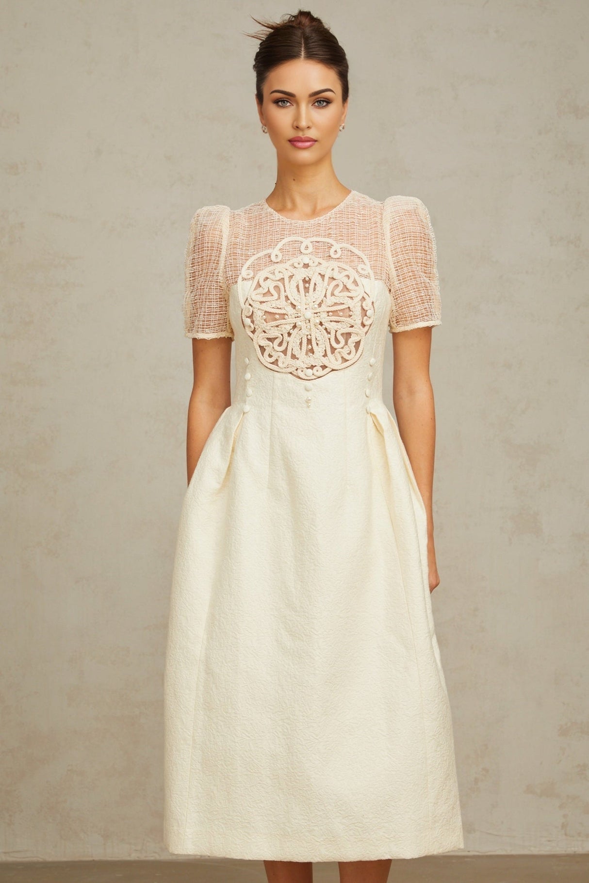 Natalie Midi Dress White Textured Panelled Braided Bead