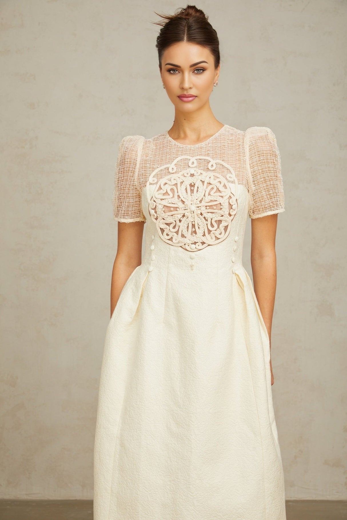 Natalie Midi Dress White Textured Panelled Braided Bead