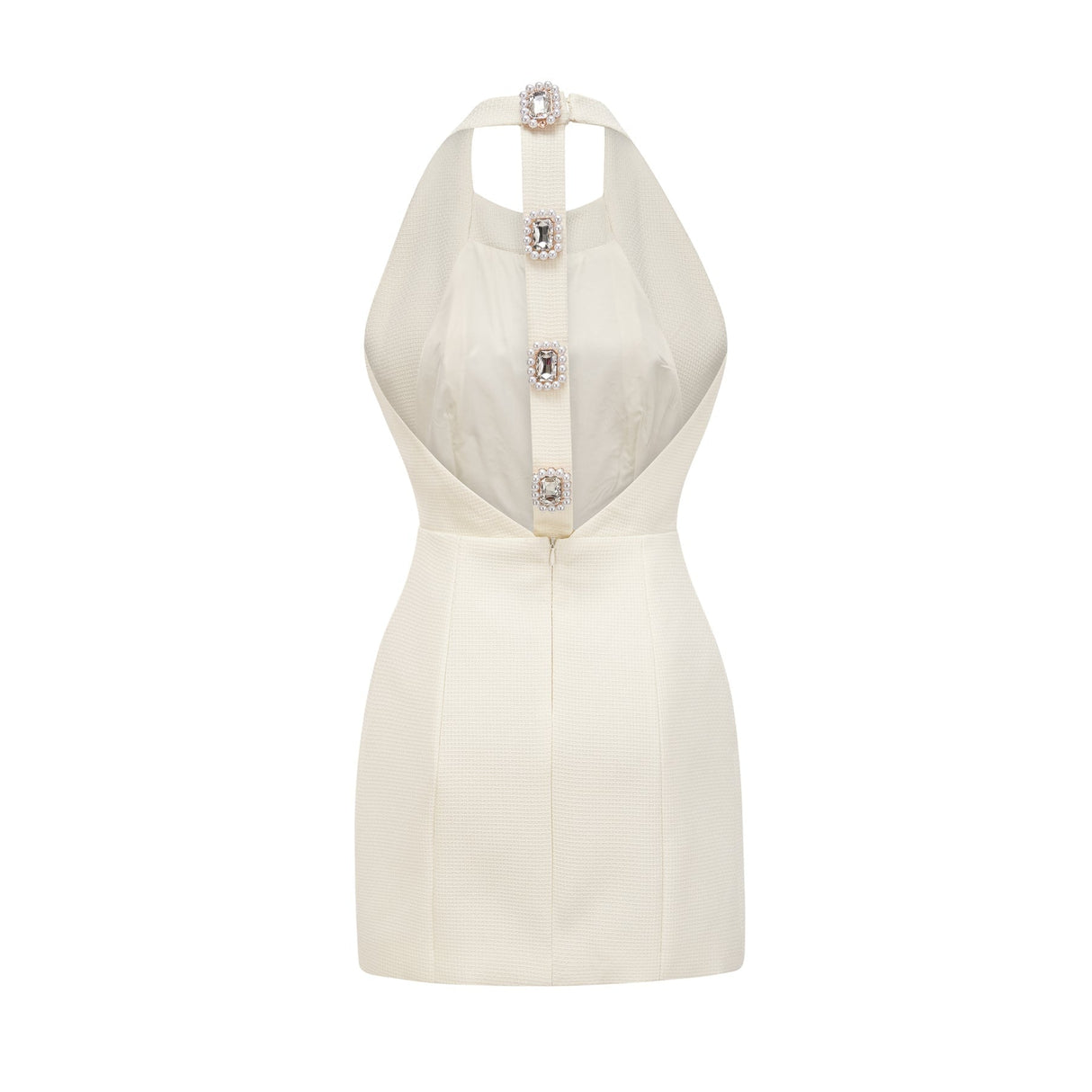 Natalie Mini Dress Crystal Button Scoop Back White