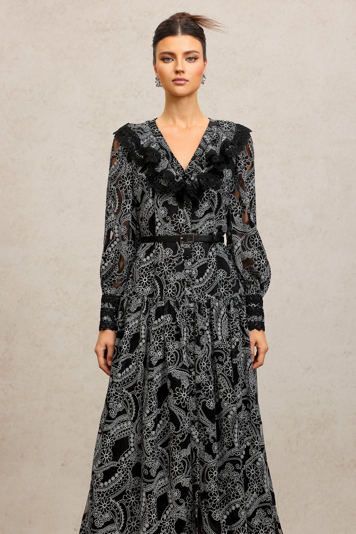 Natalina Black Lace Maxi Dress V-Neckline Long Sleeves Fitted Waist Evening Events Formal Occasion Elegant Sophisticated