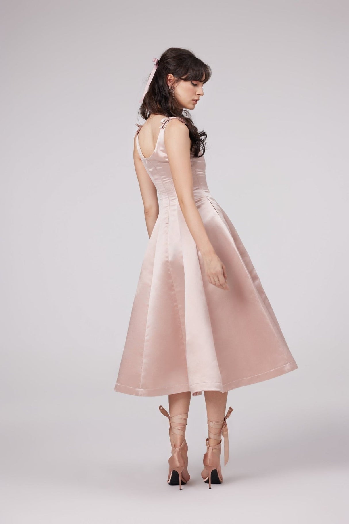 Natalina Midi Dress Pink Bowknot Strap Pleated Ankle Length