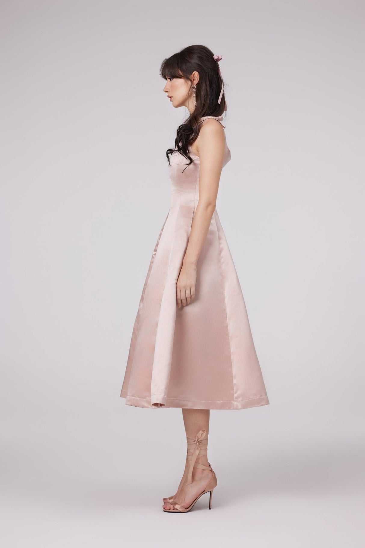 Natalina Midi Dress Pink Bowknot Strap Pleated Ankle Length