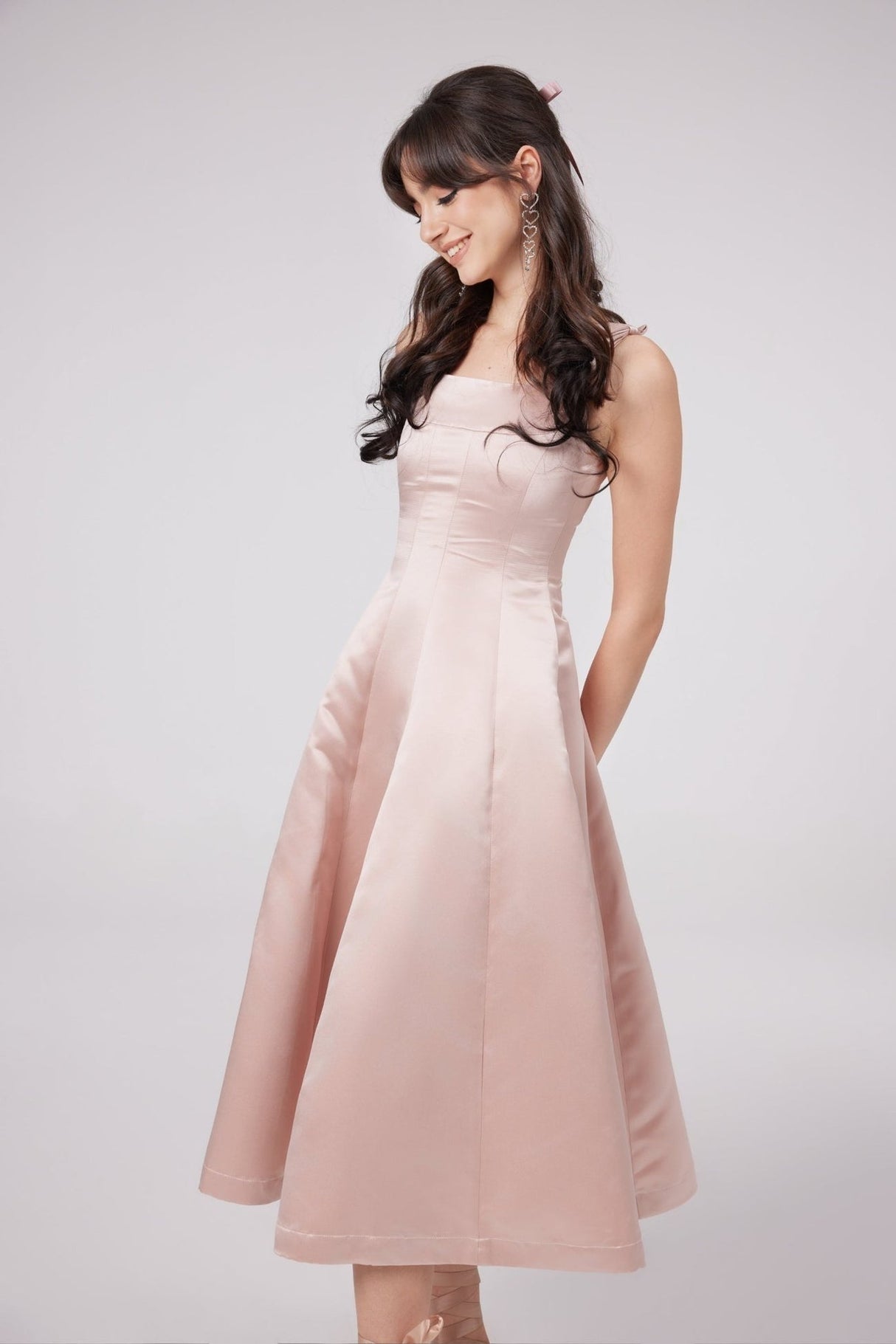 Natalina Midi Dress Pink Bowknot Strap Pleated Ankle Length