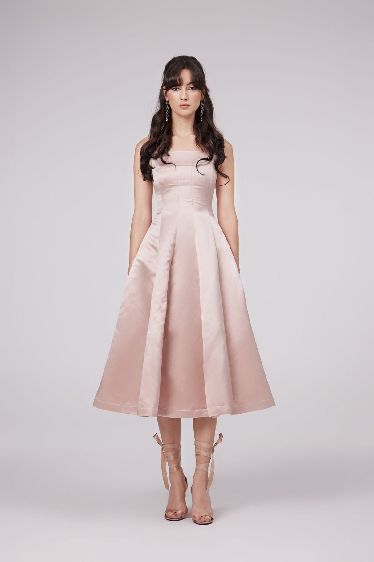 Natalina Midi Dress Pink Bowknot Strap Pleated Ankle Length