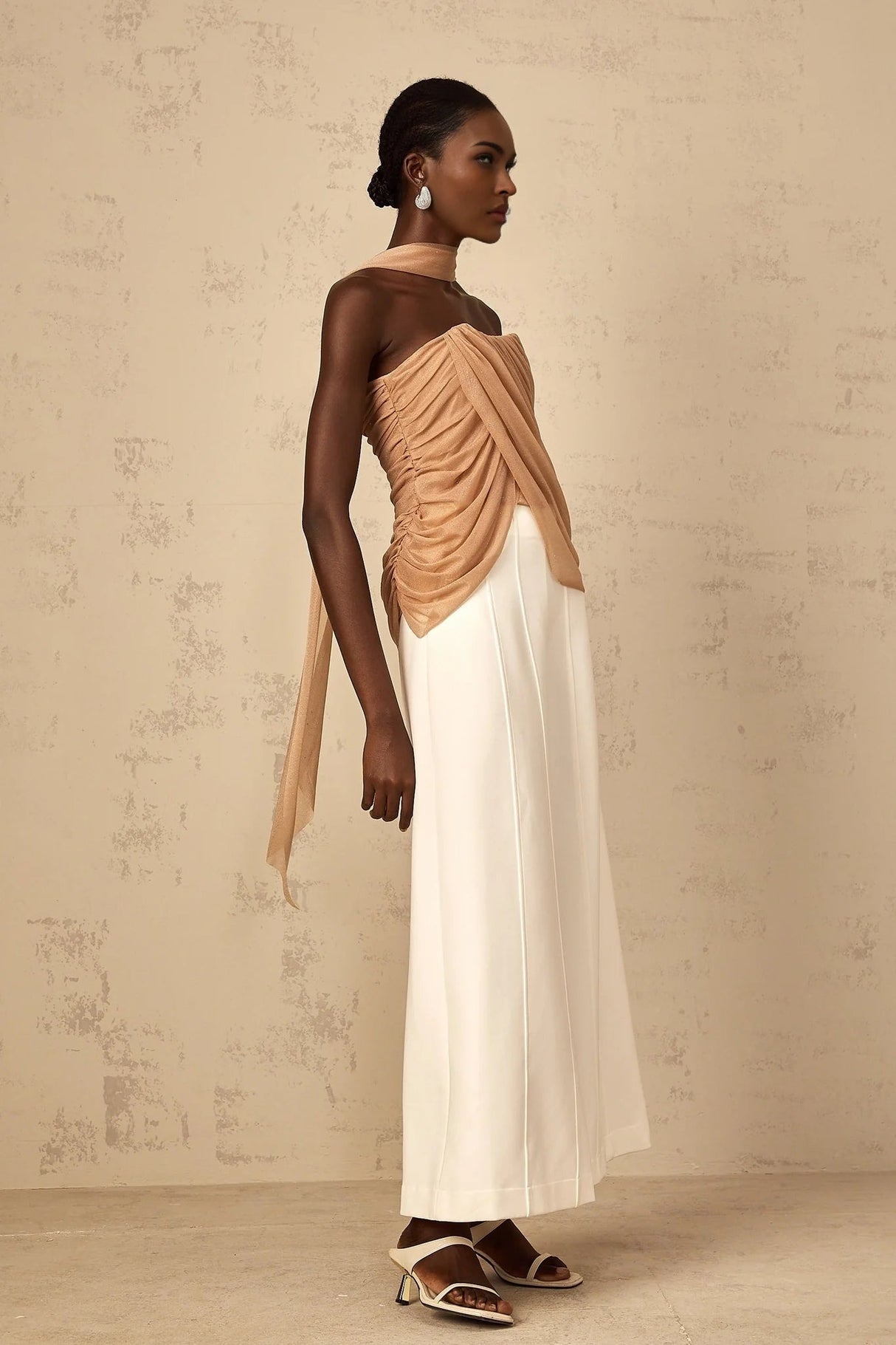 Natalina Top Brown Sequined Halter - neck Ruched Tulle Sparkle & Zip