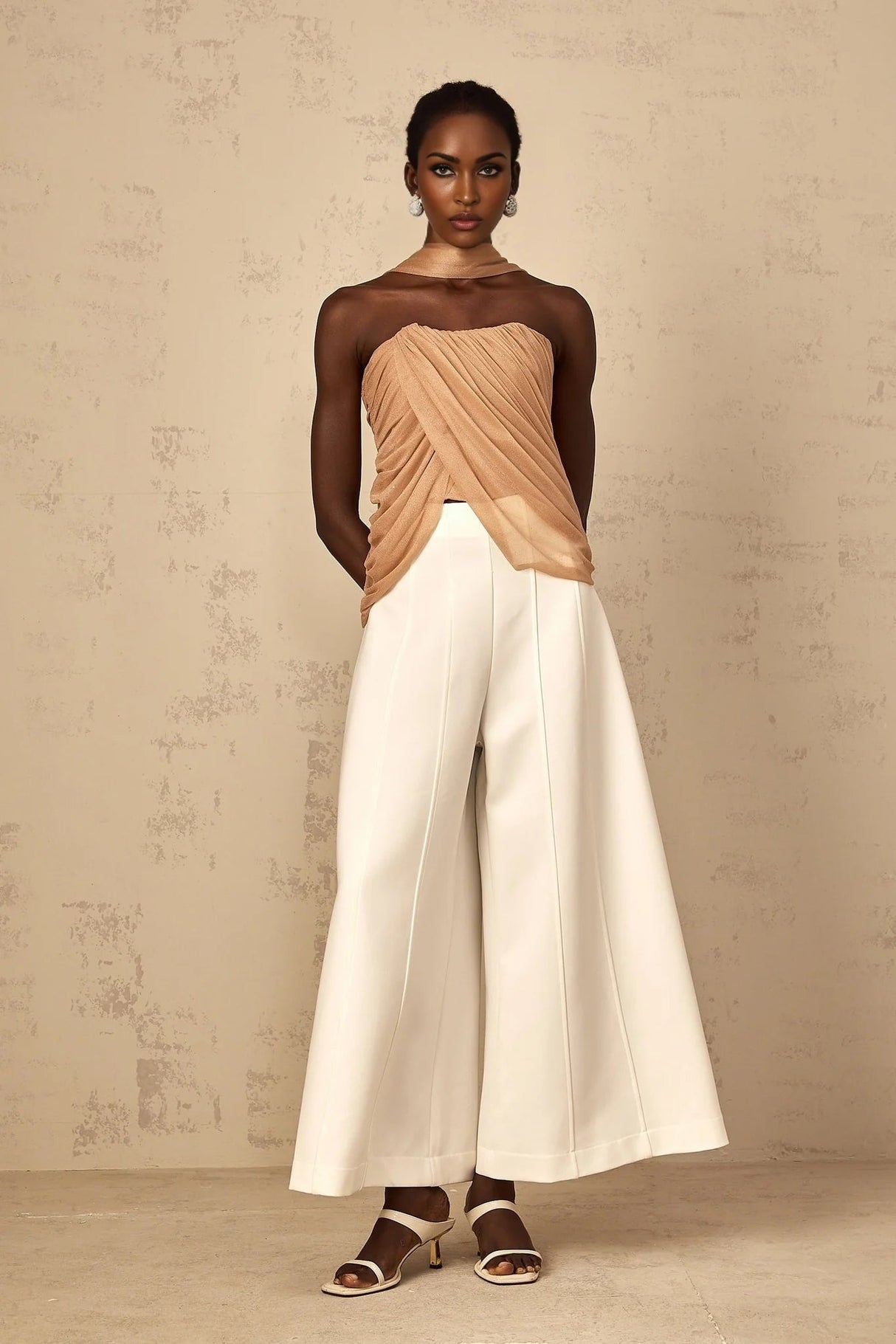 Natalina Top Brown Sequined Halter - neck Ruched Tulle Sparkle & Zip