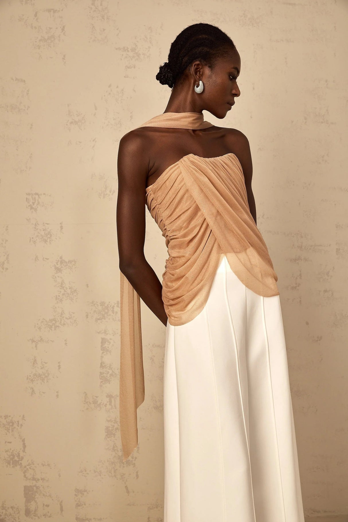 Natalina Top Brown Sequined Halter - neck Ruched Tulle Sparkle & Zip