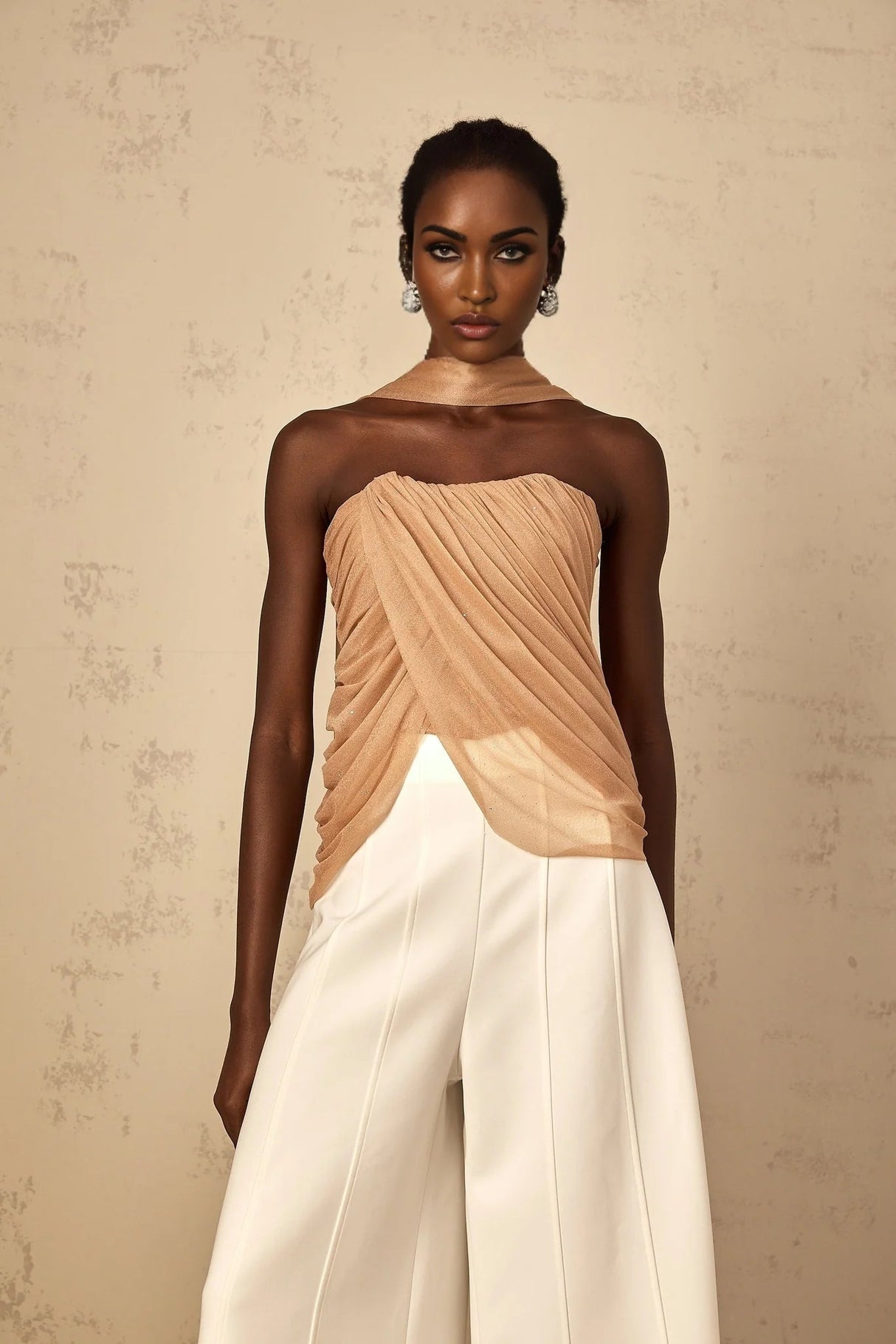 Natalina Top Brown Sequined Halter - neck Ruched Tulle Sparkle & Zip