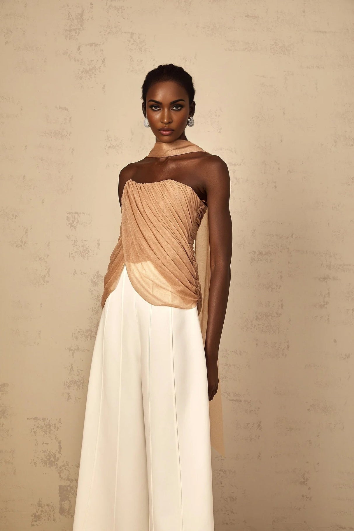 Natalina Top Brown Sequined Halter - neck Ruched Tulle Sparkle & Zip