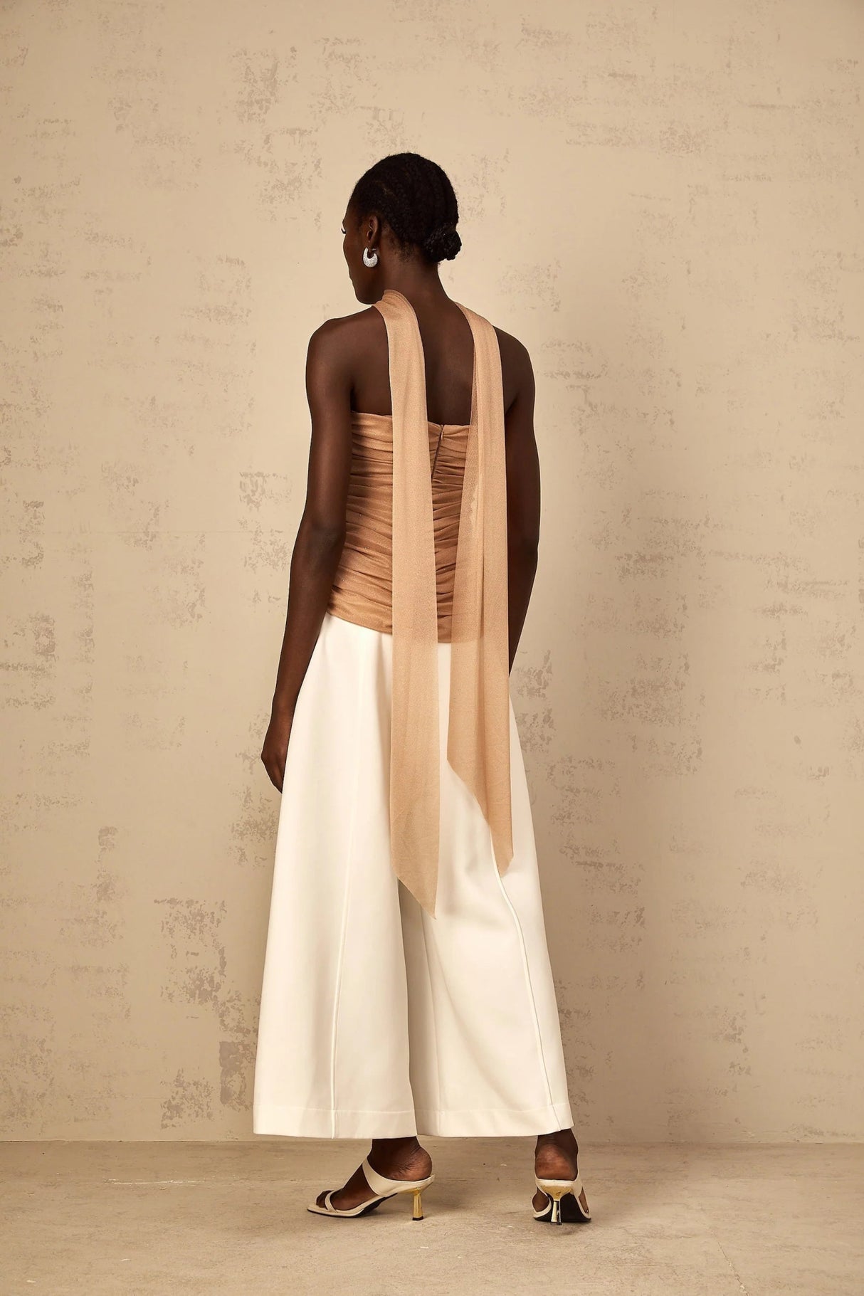 Natalina Top Brown Sequined Halter - neck Ruched Tulle Sparkle & Zip