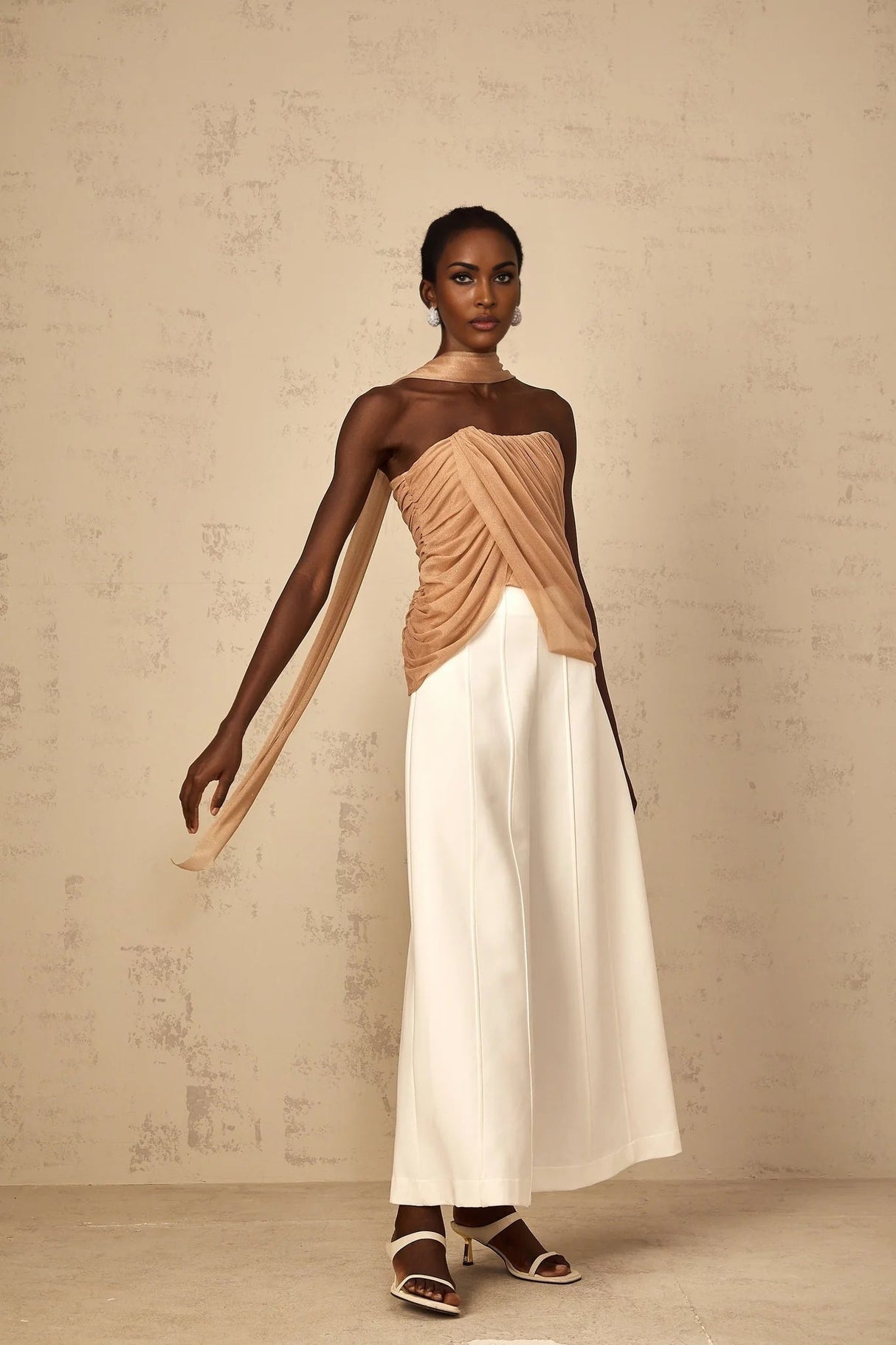 Natalina Top Brown Sequined Halter - neck Ruched Tulle Sparkle & Zip